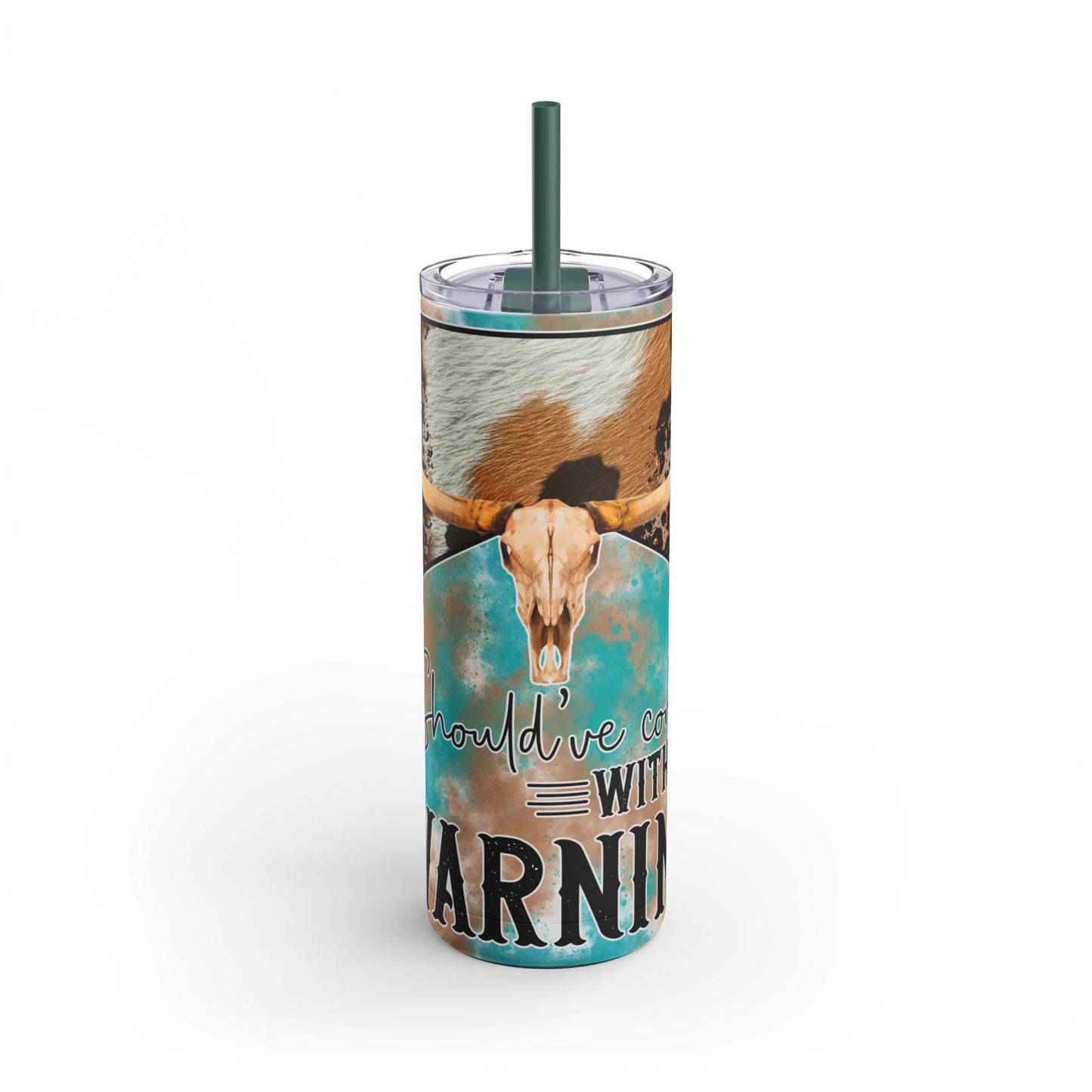Bold 20oz sublimation tumbler featuring a rustic longhorn skull, turquoise and brown distressed background, and leopard print accents with the phrase 'Should've Come with a Warning.' Perfect for country and western enthusiasts, this double-walled tumbler keeps drinks hot or cold and includes a reusable straw for eco-friendly hydration.