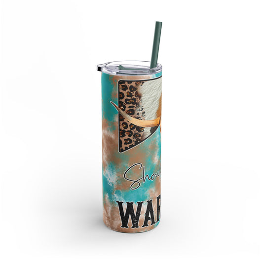 Bold 20oz sublimation tumbler featuring a rustic longhorn skull, turquoise and brown distressed background, and leopard print accents with the phrase 'Should've Come with a Warning.' Perfect for country and western enthusiasts, this double-walled tumbler keeps drinks hot or cold and includes a reusable straw for eco-friendly hydration.