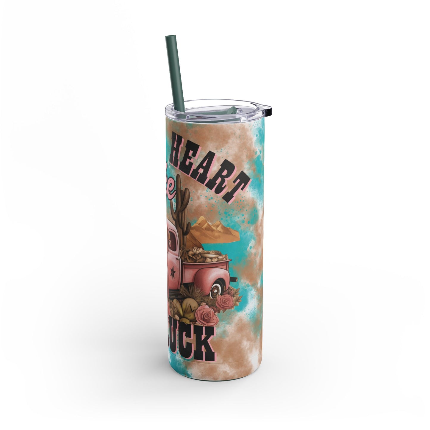Rustic 20oz sublimation tumbler featuring a vintage pink truck design with the phrase 'I Got a Heart Like a Truck.' Complete with desert and cactus details, this double-walled tumbler is perfect for keeping drinks hot or cold and includes a reusable straw for sustainable use. Ideal for country and vintage lifestyle fans