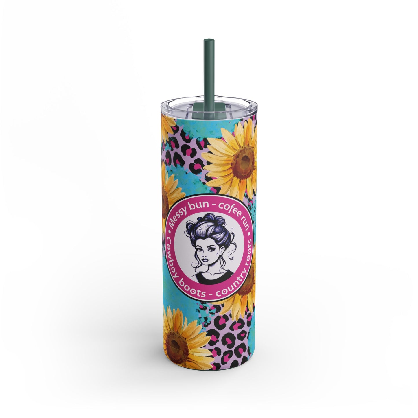 Trendy 20oz sublimation tumbler featuring vibrant sunflowers, bold leopard print, and the playful phrase 'Messy Bun - Coffee Run - Cowboy Boots - Country Roots.' Perfect for stylish country lifestyle enthusiasts, this double-walled tumbler keeps drinks hot or cold and includes a reusable straw for eco-friendly hydration