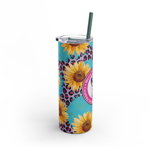 Trendy 20oz sublimation tumbler featuring vibrant sunflowers, bold leopard print, and the playful phrase 'Messy Bun - Coffee Run - Cowboy Boots - Country Roots.' Perfect for stylish country lifestyle enthusiasts, this double-walled tumbler keeps drinks hot or cold and includes a reusable straw for eco-friendly hydration