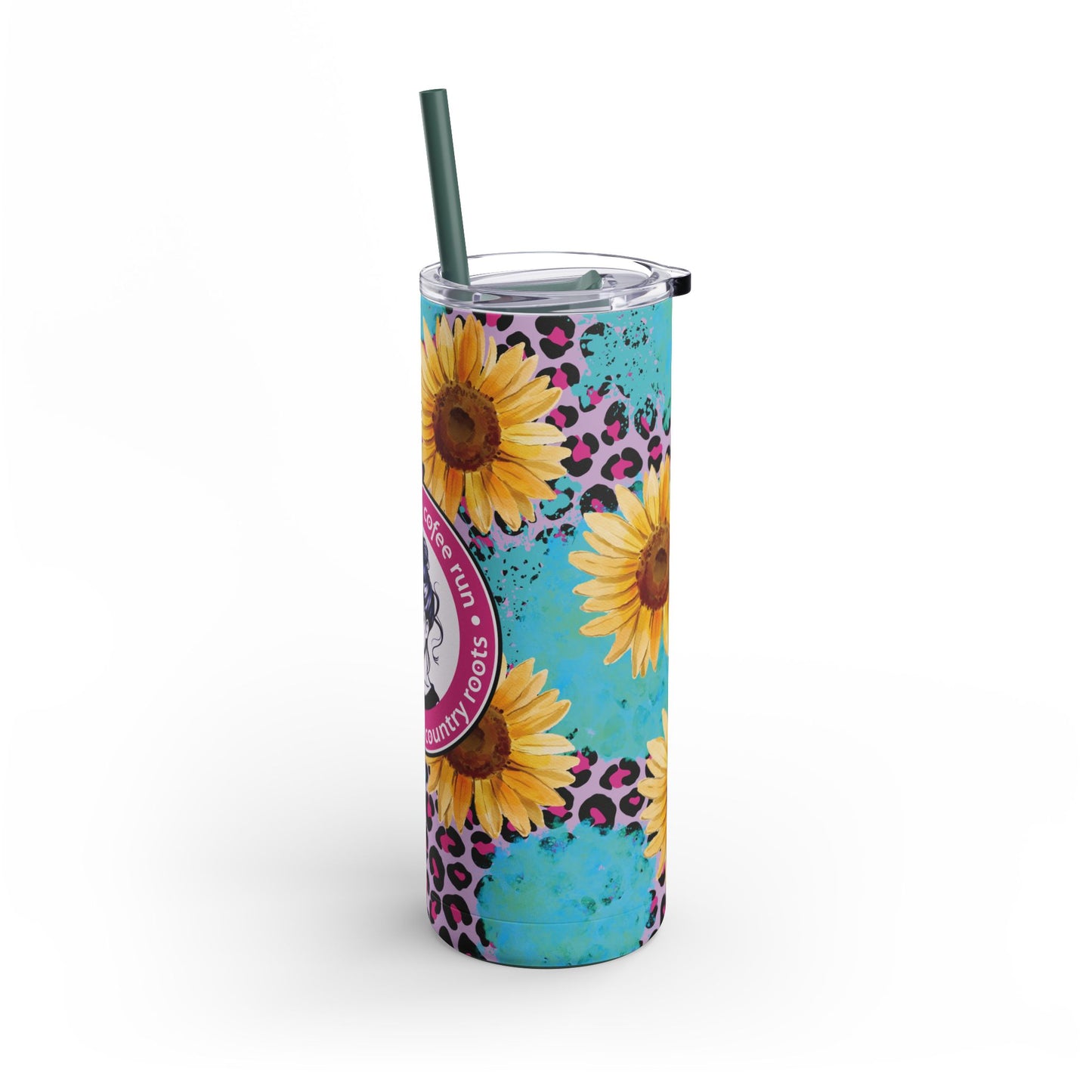 Trendy 20oz sublimation tumbler featuring vibrant sunflowers, bold leopard print, and the playful phrase 'Messy Bun - Coffee Run - Cowboy Boots - Country Roots.' Perfect for stylish country lifestyle enthusiasts, this double-walled tumbler keeps drinks hot or cold and includes a reusable straw for eco-friendly hydration