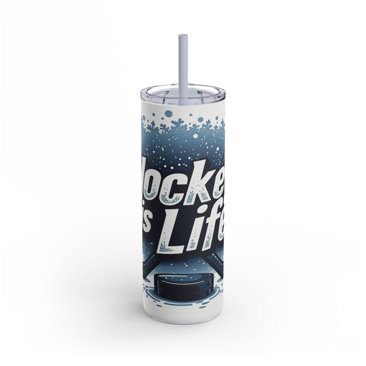Dynamic 20oz sublimation tumbler showcasing the bold phrase 'Hockey is Life' with hockey sticks, puck, and ice splash details. Designed for hockey fans, this double-walled tumbler keeps beverages hot or cold and includes a reusable straw for sustainable hydration