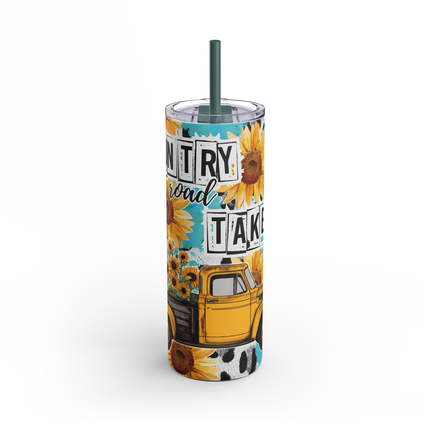 Vibrant 20oz sublimation tumbler featuring a cheerful sunflower and vintage yellow truck design with the phrase 'Country Road Take Me Home.' Double-walled for hot or cold beverages, includes a reusable straw, perfect for country music and rustic lifestyle enthusiasts