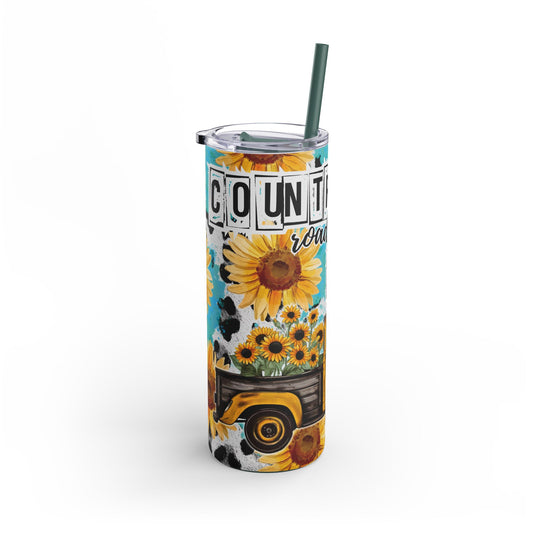 Vibrant 20oz sublimation tumbler featuring a cheerful sunflower and vintage yellow truck design with the phrase 'Country Road Take Me Home.' Double-walled for hot or cold beverages, includes a reusable straw, perfect for country music and rustic lifestyle enthusiasts