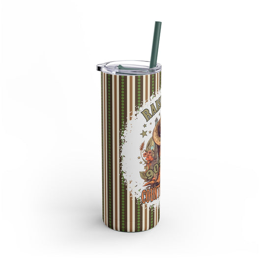 Retro-inspired 20oz sublimation tumbler featuring the nostalgic phrase 'Raised on 90s Country Music' with cowboy boots, a hat, and rustic accents. Designed with earthy tones and stripes, this double-walled tumbler keeps drinks hot or cold and includes a reusable straw, perfect for country music fans and vintage lovers.