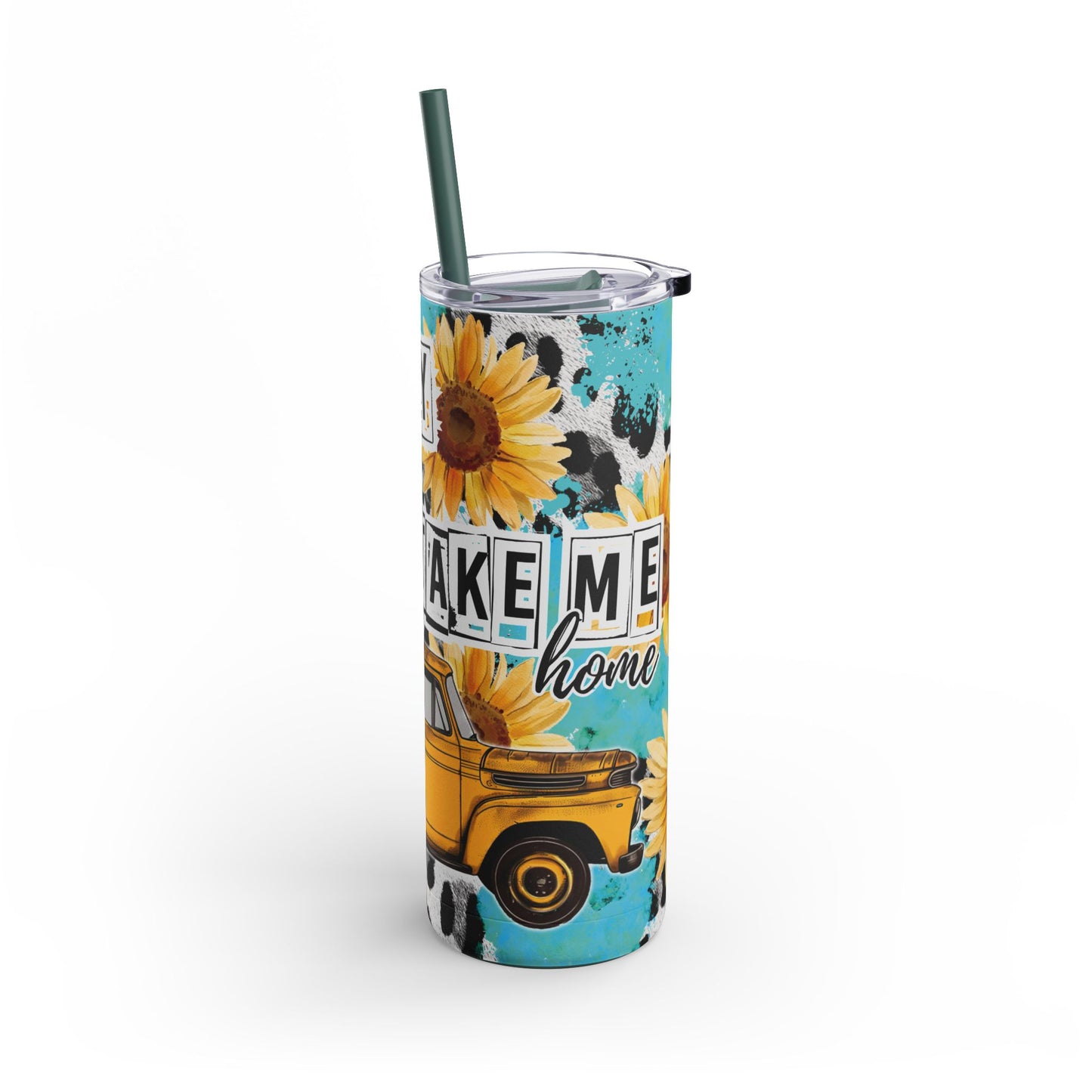 Vibrant 20oz sublimation tumbler featuring a cheerful sunflower and vintage yellow truck design with the phrase 'Country Road Take Me Home.' Double-walled for hot or cold beverages, includes a reusable straw, perfect for country music and rustic lifestyle enthusiasts