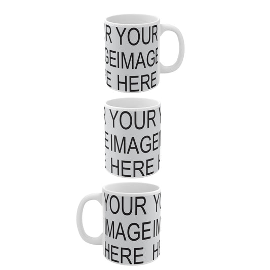 Customizable 11 oz ceramic mug showcasing a mockup with 'Your Image Here' text, ideal for sublimation printing. Perfect for personalized gifts, featuring a spacious design area for custom photos, logos, or text. High-quality ceramic mug for creative designs.