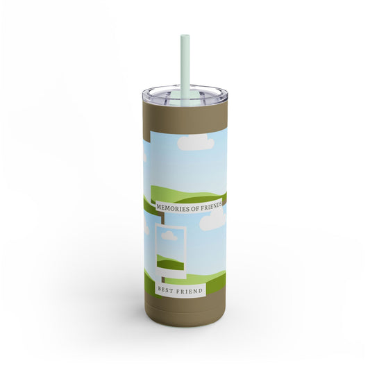 A set of three stainless steel tumblers with reusable straws and clear lids. The design features a warm brown background with placeholders for scenic photo frames showing green hills and blue skies. The central tumbler displays the phrase "Memories of Friends" and "Best Friend" in elegant, simple text. Additional details include green leaves, a daisy flower, and the heartfelt phrase "I love you so much, my friend!" on one tumbler. The design evokes a sense of friendship, nostalgia, and personalization.