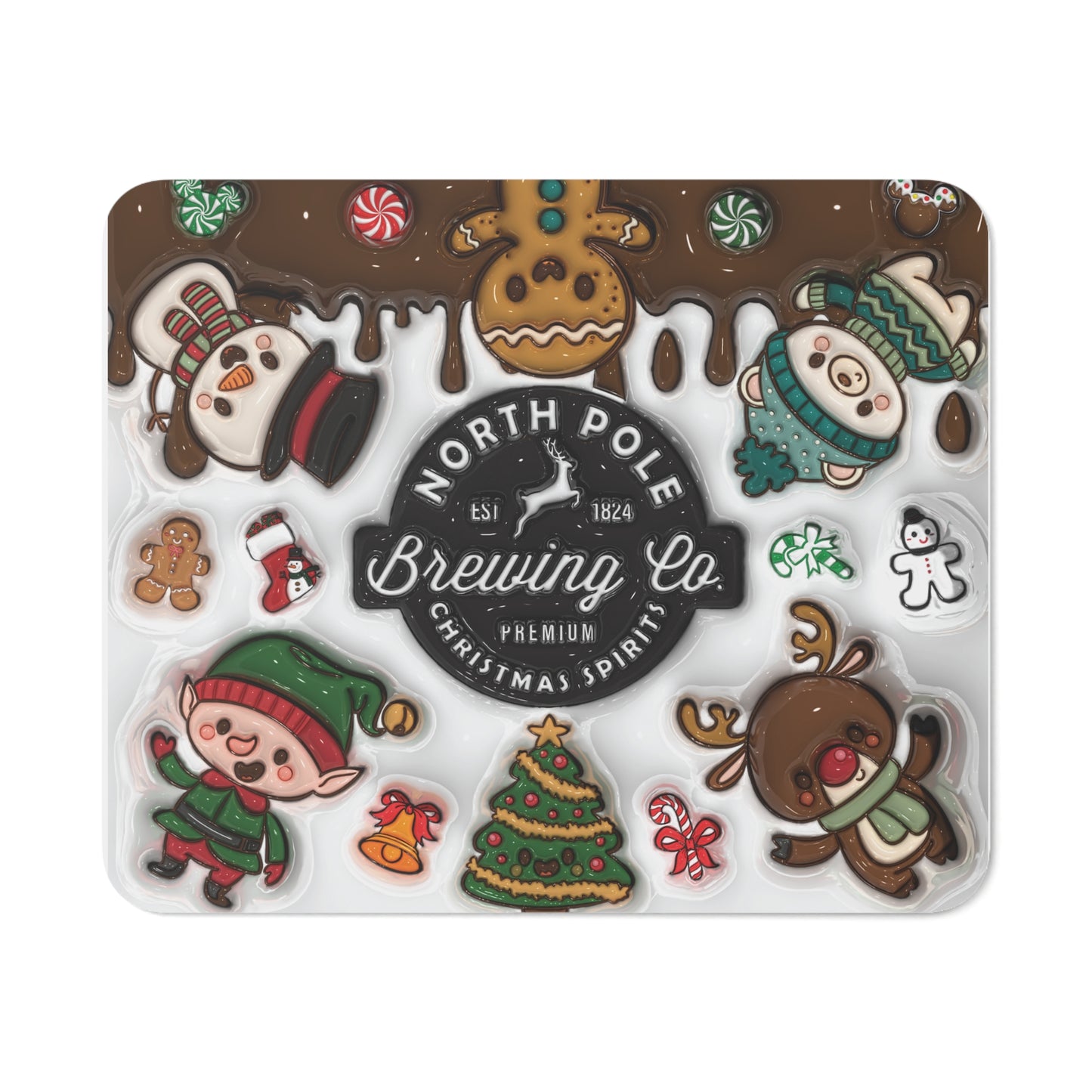 Christmas Mouse Pad – North Pole Brewing Co. Theme Featuring Adorable Holiday Characters Like Gingerbread, Snowmen, Elves, and Reindeer. A Fun and Festive Desk Accessory for the Holiday Season!