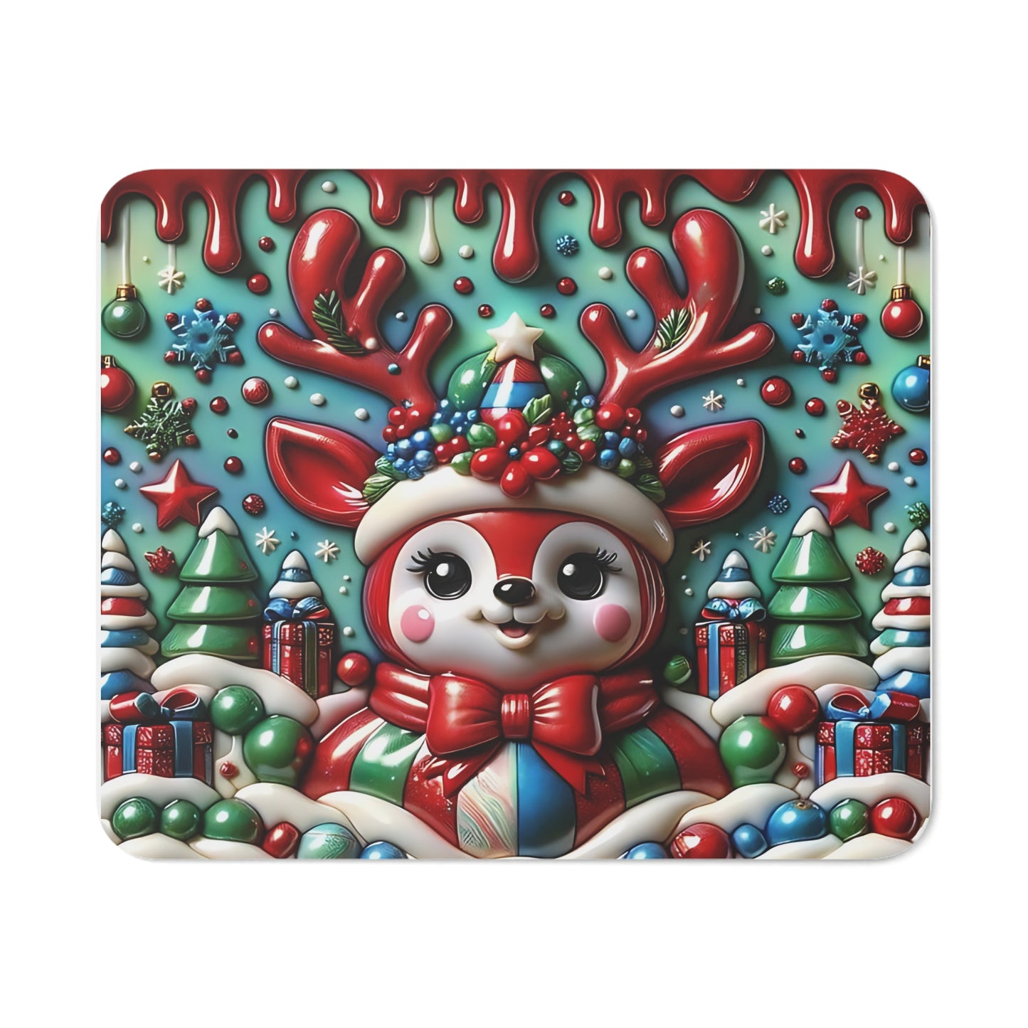 Christmas-Themed Mouse Pad – Featuring an Adorable Festive Reindeer Surrounded by Vibrant Holiday Decorations, Christmas Trees, and Presents. Perfect for Adding a Cheerful Touch to Your Workstation During the Holiday Season!