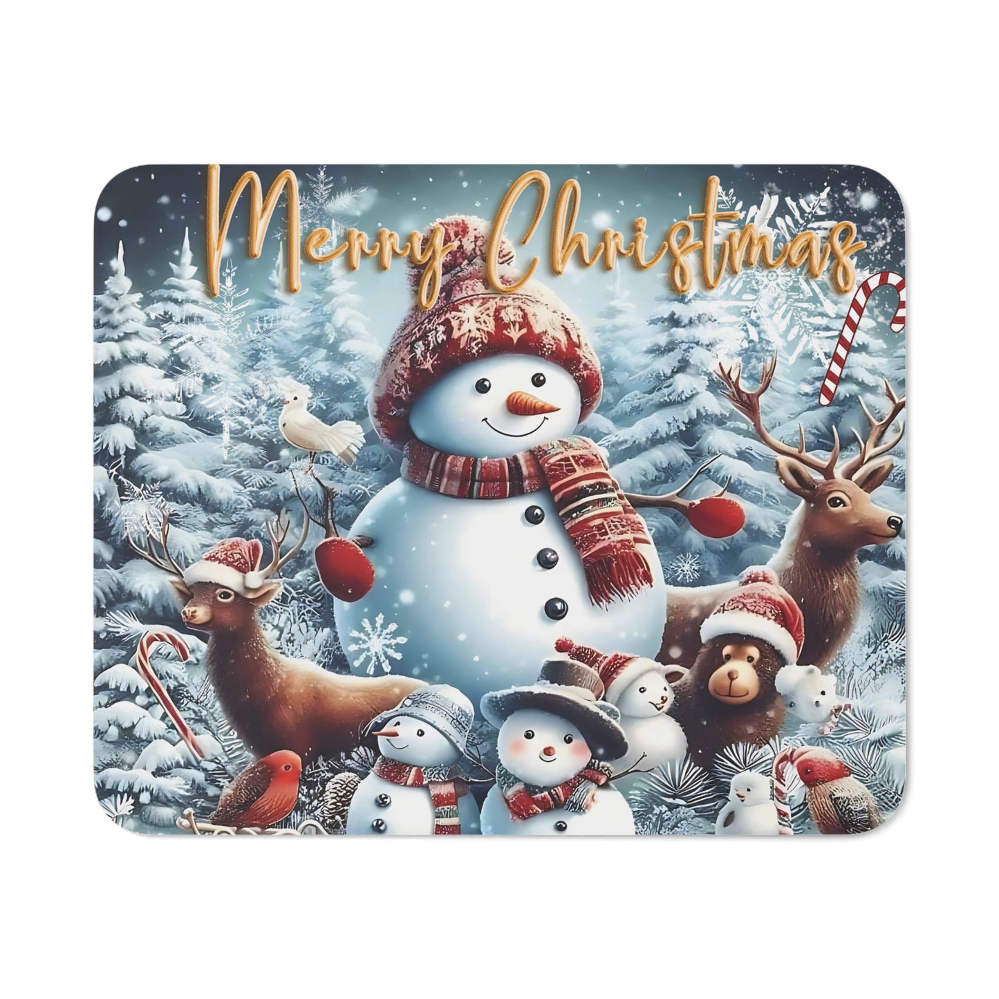 Christmas Mouse Pad – A Whimsical Holiday Design Featuring Snowmen, Reindeer, and Forest Animals with a Festive 'Merry Christmas' Greeting. Perfect for Adding Seasonal Cheer to Your Workspace!"