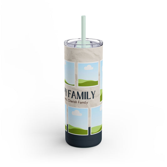 A set of three tall, stainless steel tumblers with clear lids and reusable straws. The tumblers feature a family-themed design with placeholder photo frames, soft beige backgrounds, and scenic green hills under a blue sky with white clouds. The words "HAPPY FAMILY" and the phrase "Cherish Moments, Cherish Family" are printed on the design, promoting family bonding and memories.