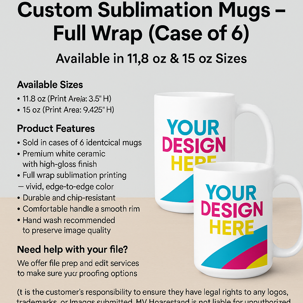 Full wrap custom sublimation mugs in 11.8 oz and 15 oz sizes, printed edge-to-edge with personalized designs. Sold in a set of 6 premium ceramic mugs.