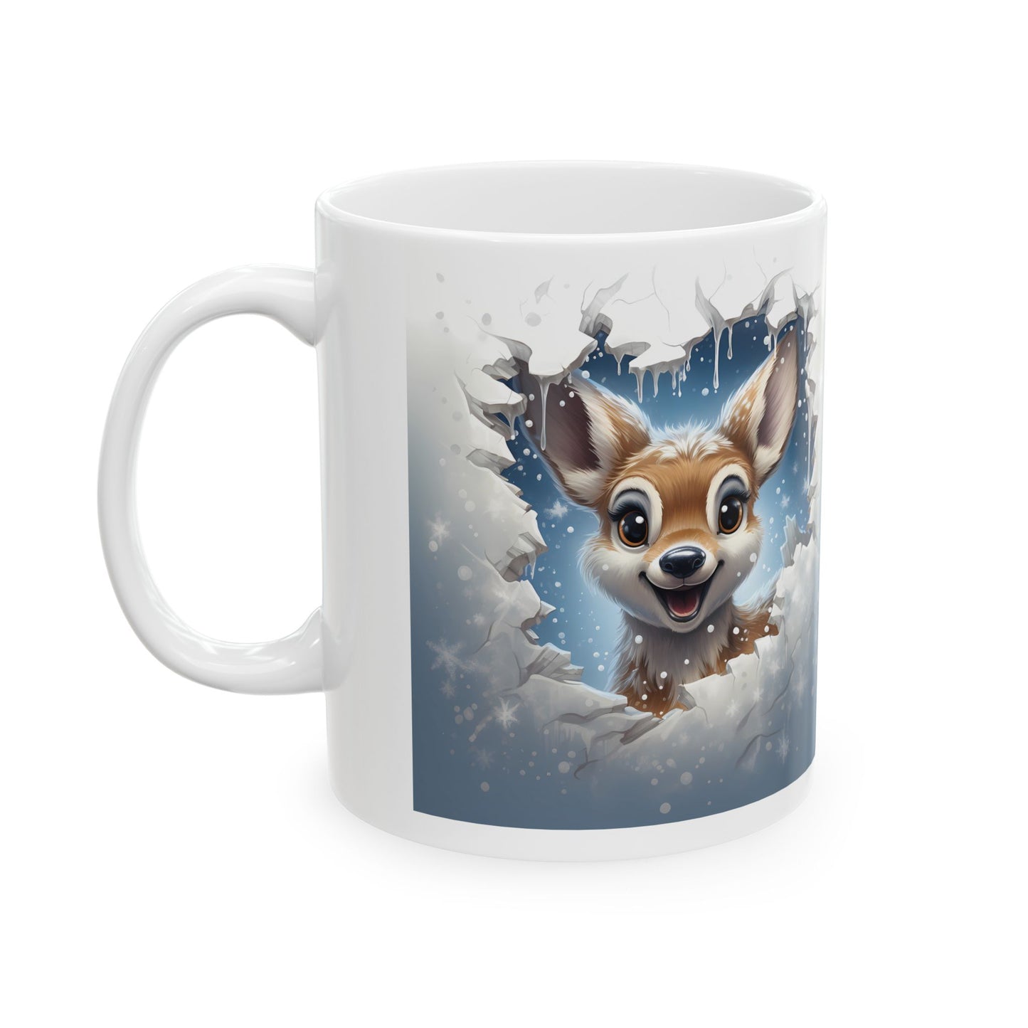 Adorable Deer-Themed Mug – Sublimation Design Featuring a Cute 3D-Like Illustration of a Cheerful Deer Peeking Through a Snowy Scene, Perfect for Holiday Beverages and Winter Celebrations.