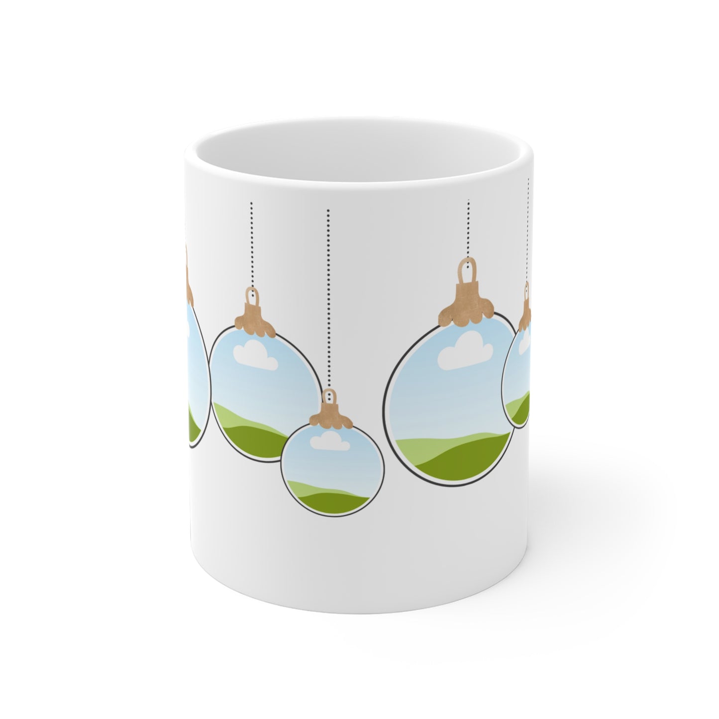 Custom ceramic mug featuring a festive 7-bulb holiday ornament design, with space for personalized photos or text, shown on a white background.