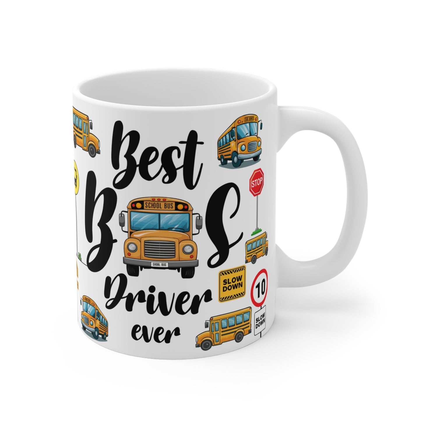 A white ceramic mug featuring a colorful school bus safety theme. The design includes bright yellow school buses, red stop signs, "Slow Down" signs, a 10-speed limit sign, and pedestrian crossing symbols. The playful pattern combines road safety elements with cartoon-style illustrations of school buses, creating a vibrant and educational design.