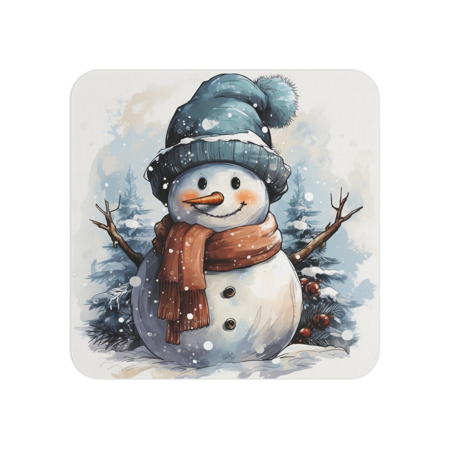 Delightful Snowman-Themed Christmas Coaster – Sublimation Design Featuring a Smiling Snowman with a Cozy Blue Hat and Scarf, Surrounded by Snow and Winter Trees, Perfect for Holiday Décor and Seasonal Cheer.