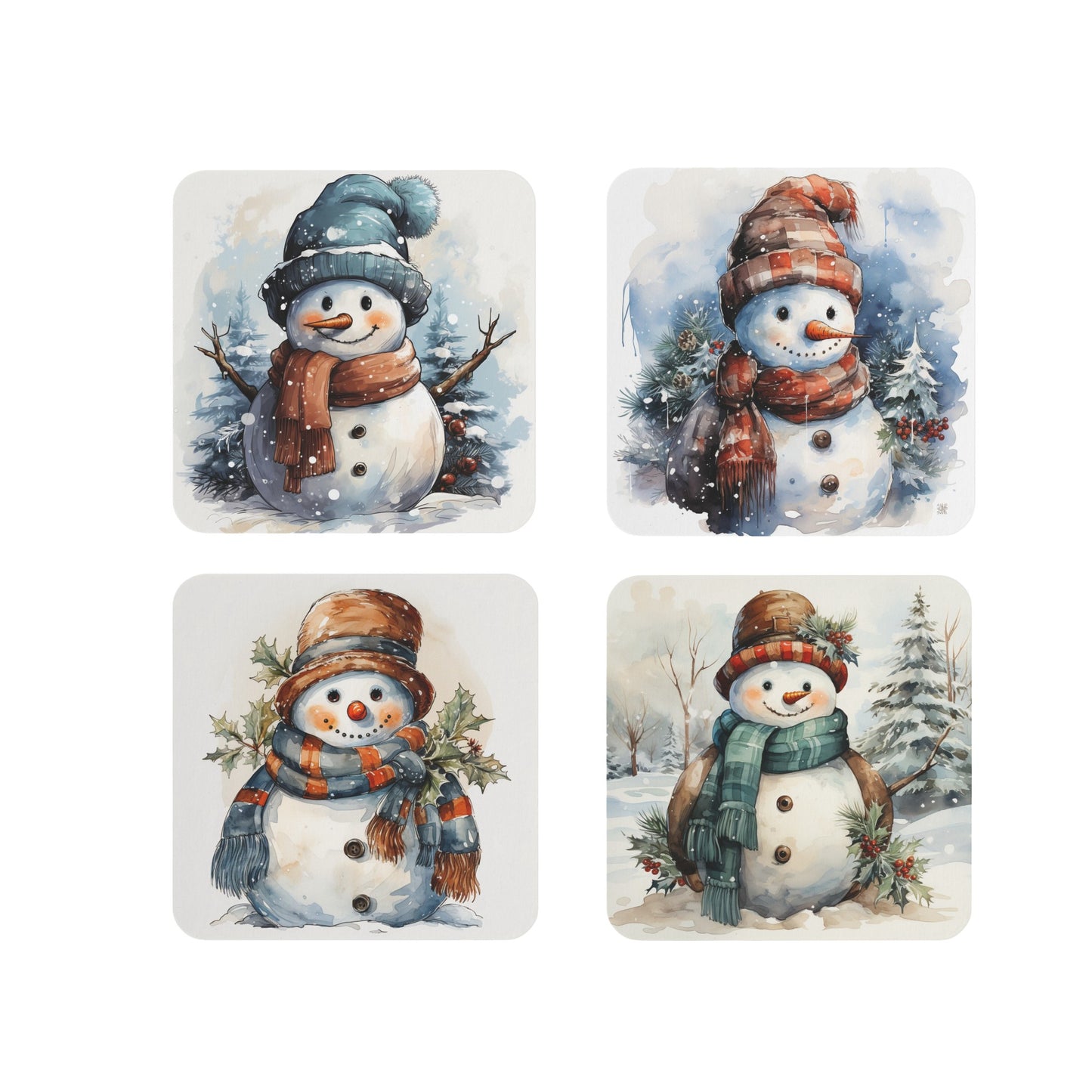 Set of 4 Adorable Snowman-Themed Christmas Coasters – Festive Sublimation Designs Featuring Snowmen in Winter Scenes with Scarves, Hats, and Holiday Decorations, Perfect for Seasonal Home Décor and Gifting.