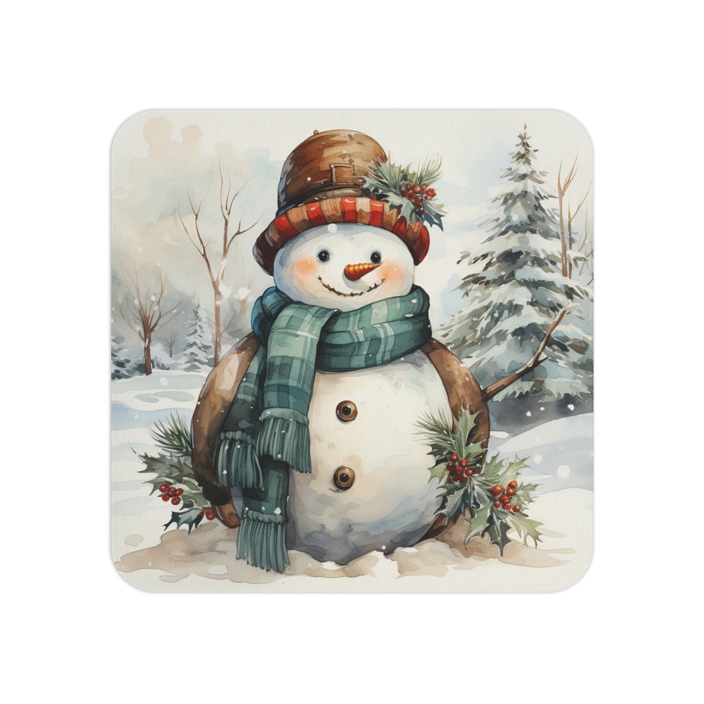 Festive Snowman-Themed Christmas Coaster – Sublimation Design Featuring a Snowman with a Plaid Scarf, Hat, and Holiday Greenery in a Wintery Scene, Perfect for Seasonal Décor and Gifting