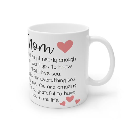 Heartfelt 'Mom' Mug – Sublimation Design Expressing Gratitude and Love, Featuring Elegant Script and Heart Accents, Perfect for Mother's Day or Any Occasion to Show Appreciation