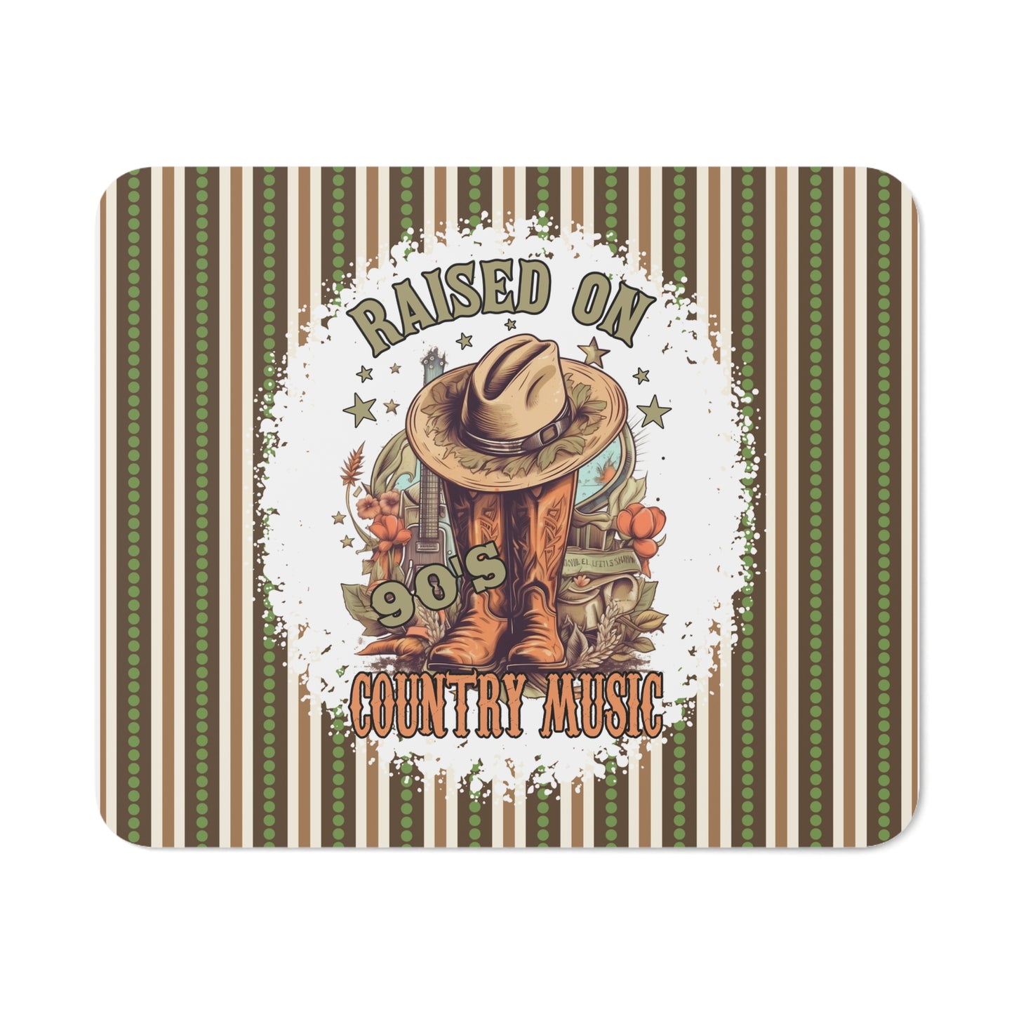 Country Music Mouse Pad – 'Raised on 90's Country Music' Design Featuring Cowboy Hat, Boots, and Rustic Accents. A Nostalgic and Stylish Addition to Any Desk Setup!