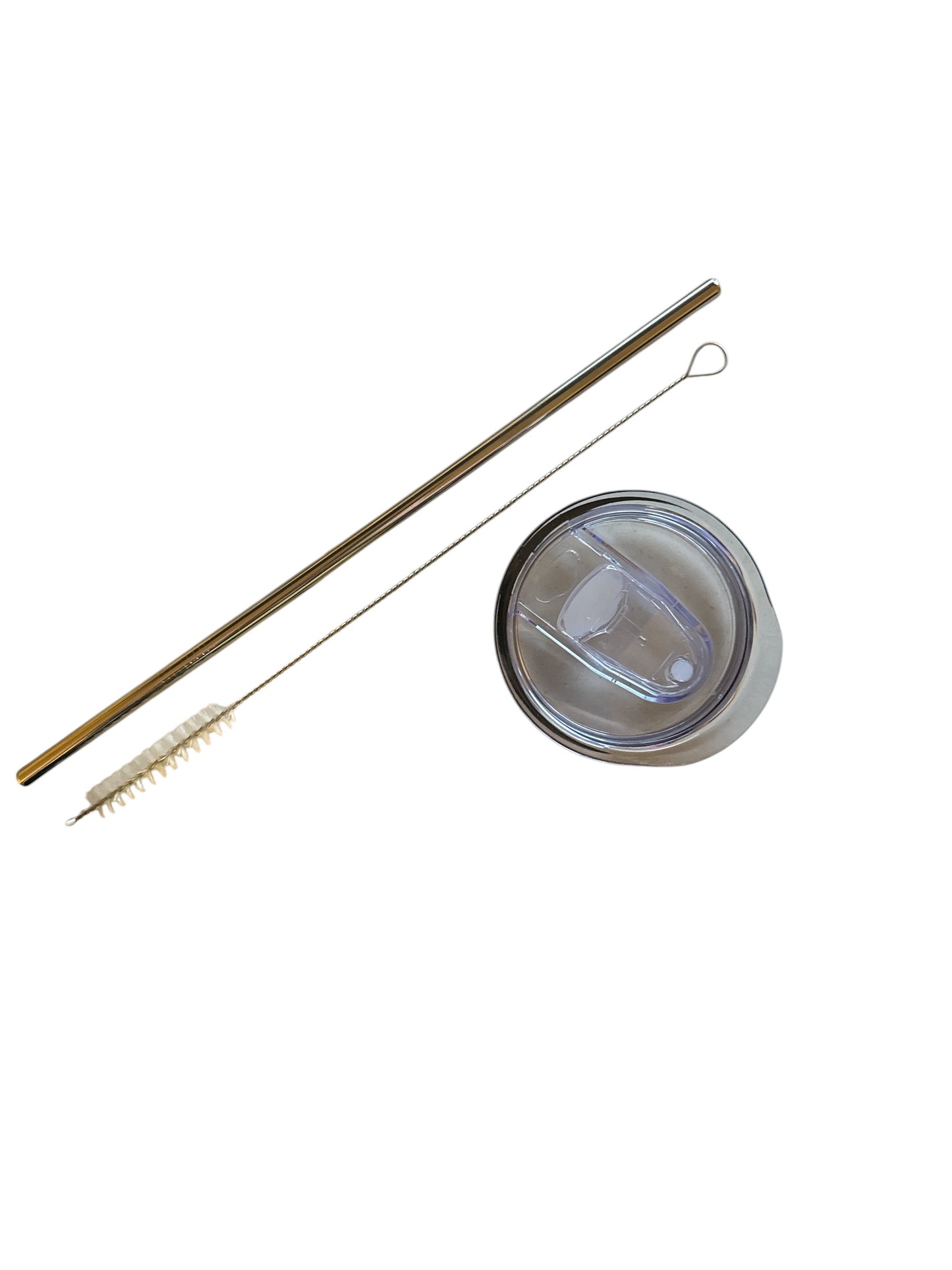 Eco-friendly stainless steel tumbler lid and straw set with cleaning brush – perfect for reusable drinkware enthusiasts. Includes a clear, secure lid, durable metal straw, and convenient cleaning tool. Ideal for sustainable living and on-the-go beverages.