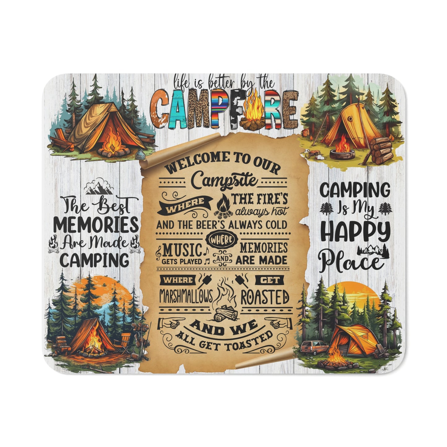 Camping-Themed Mouse Pad – Sublimation Print Featuring Cozy Campfire Scenes, Tents, and Heartwarming Camping Quotes, Perfect for Outdoor Enthusiasts and Nature Lovers. Add a Touch of Adventure to Your Workspace!