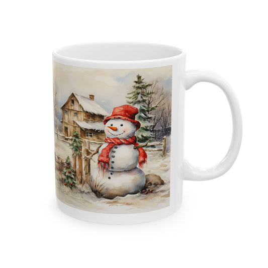 Country Snowman Mug – Sublimation Ceramic 11oz and 15oz Mug Featuring a Cheerful Snowman in a Rustic Winter Countryside Scene, Ideal for Holiday and Seasonal Celebrations.
