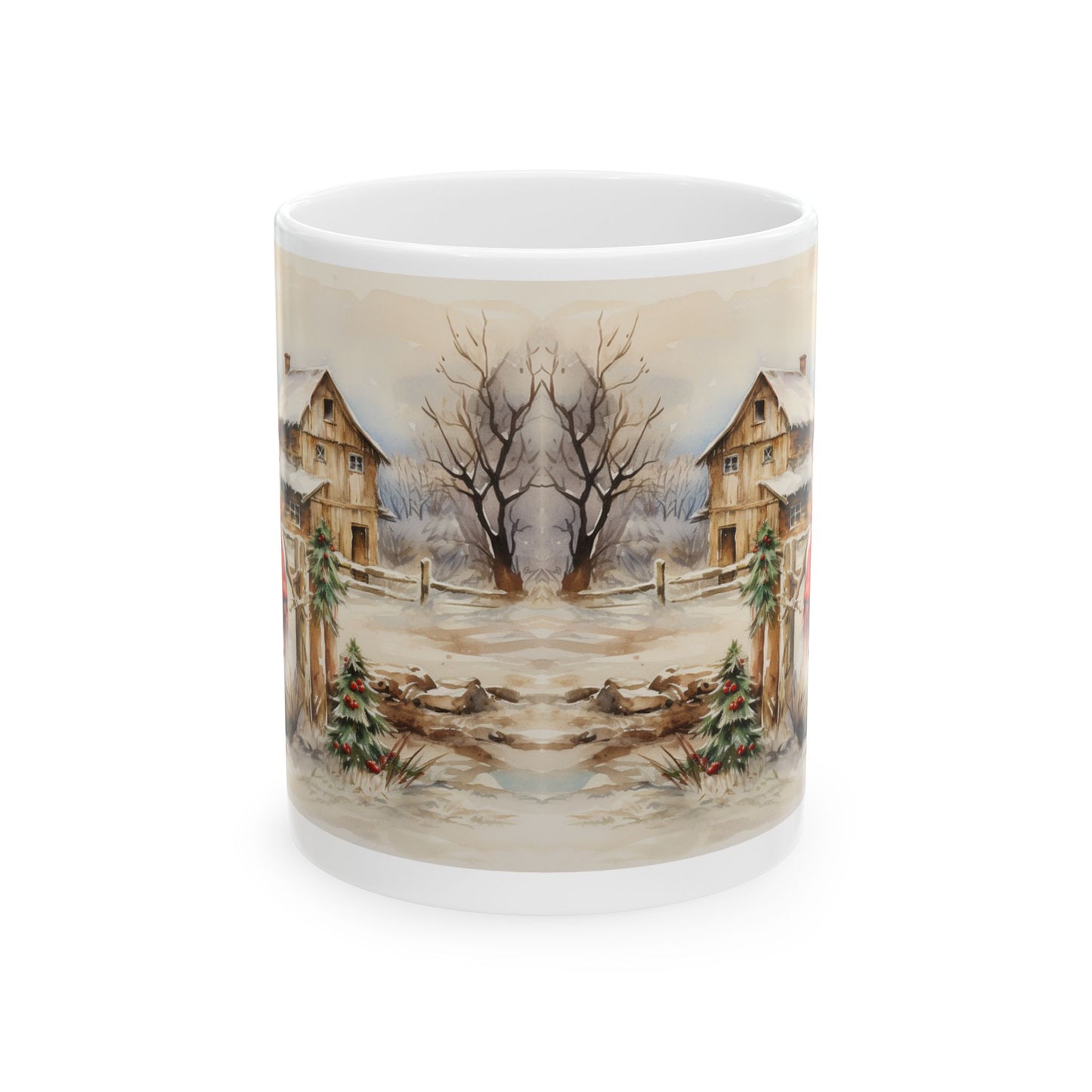 Country Snowman Mug – Sublimation Ceramic 11oz and 15oz Mug Featuring a Cheerful Snowman in a Rustic Winter Countryside Scene, Ideal for Holiday and Seasonal Celebrations.