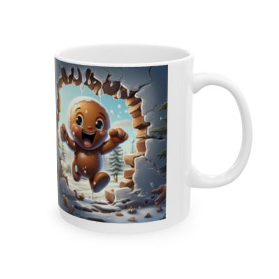 A white ceramic mug featuring a colorful sublimation print of a joyful gingerbread character breaking through a snow-covered wall with a vibrant winter landscape in the background. The design is playful and festive, ideal for holiday celebrations.