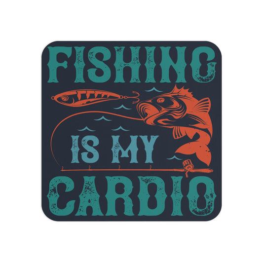 Fishing-Themed Coaster with the Fun Quote 'Fishing is My Cardio' – Rustic Sublimation Design Featuring a Hooked Fish, Perfect for Anglers and Outdoor Enthusiasts.