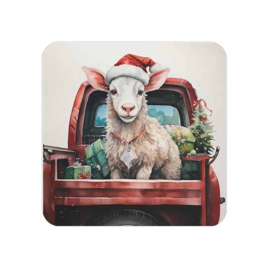 Festive Christmas Coaster featuring a Cute Lamb in a Vintage Red Truck with Presents and a Christmas Tree – Perfect Sublimation Design for Farmhouse and Country Holiday Décor.