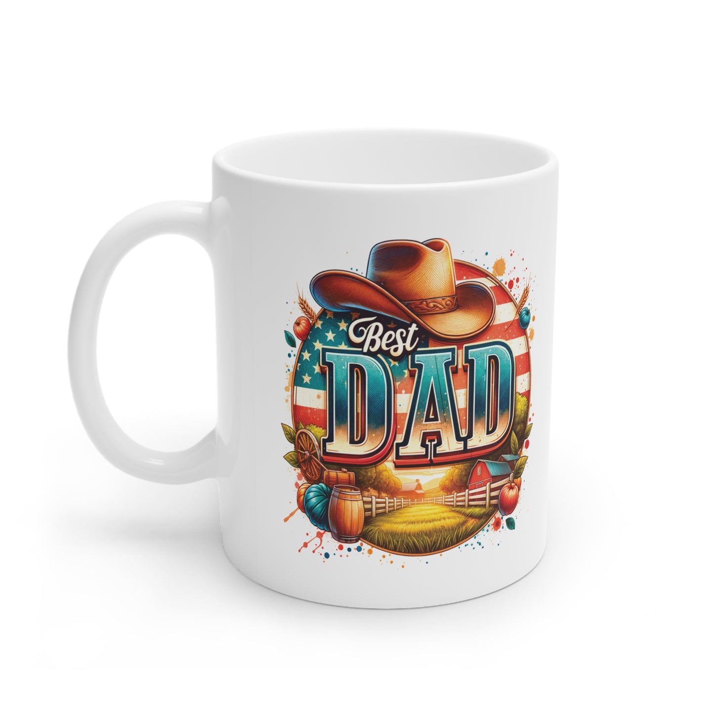 Country-Themed 'Best Dad' Mug – Sublimation Design Featuring a Cowboy Hat, Rustic Farm Scene, and Vibrant American Flag Background, Perfect Gift for Father's Day or Any Occasion Celebrating Dads