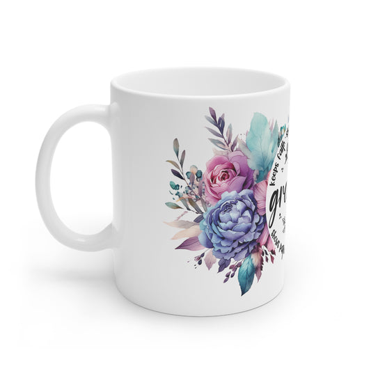 Floral 'Grandma' Mug – Sublimation Design Featuring Beautiful Blossoms and Heartwarming Words Like 'Keeps Faith,' 'Shares Wisdom,' and 'Gives Joy,' Perfect for Celebrating Grandmothers with Love and Elegance.