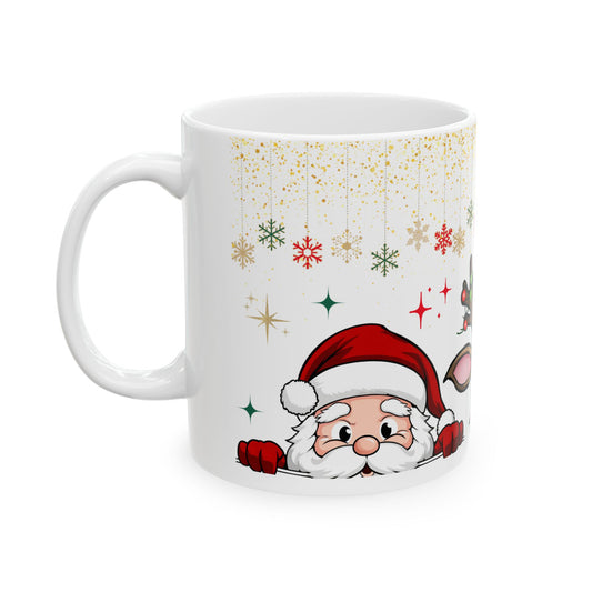 Playful 'Peeking Santa and Reindeer' Mug – Sublimation Holiday Design Featuring Festive Characters Peeking Amidst Sparkling Snowflakes and Christmas Lights, Perfect for Holiday Cheer