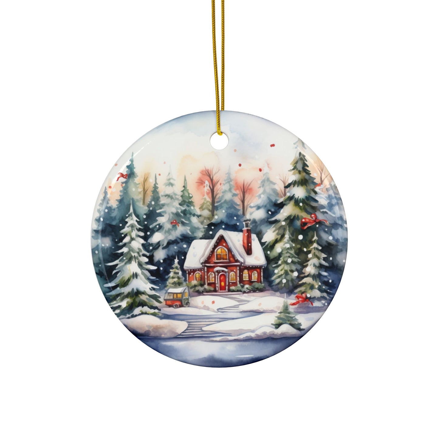 Charming Christmas Sublimation Ornament 4-Pack – Snowman, Santa’s Workshop, Cozy Cottage, and Reindeer Sleigh, Double-Sided MDF