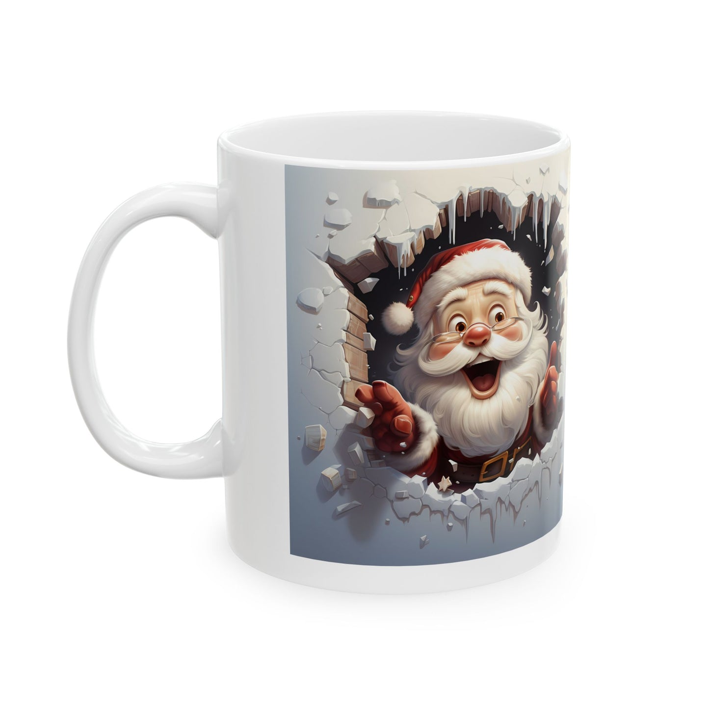 Festive Santa-Themed Mug – Sublimation Design Featuring a Joyful 3D-Like Illustration of Santa Claus Peeking Through a Snowy Wall, Perfect for Holiday Drinks and Christmas Celebrations.