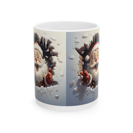 Festive Santa-Themed Mug – Sublimation Design Featuring a Joyful 3D-Like Illustration of Santa Claus Peeking Through a Snowy Wall, Perfect for Holiday Drinks and Christmas Celebrations.