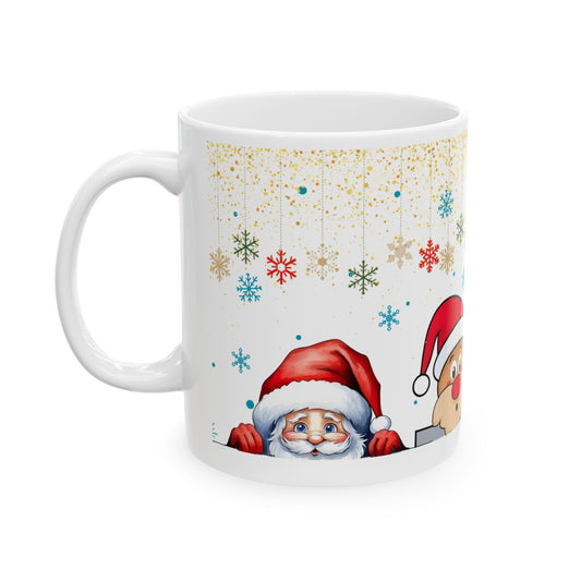 Festive 'Santa, Reindeer, and Bear' Mug – Sublimation Design with a Playful Holiday Scene Featuring Cheerful Characters and Glittering Snowflakes, Perfect for Christmas Celebrations.