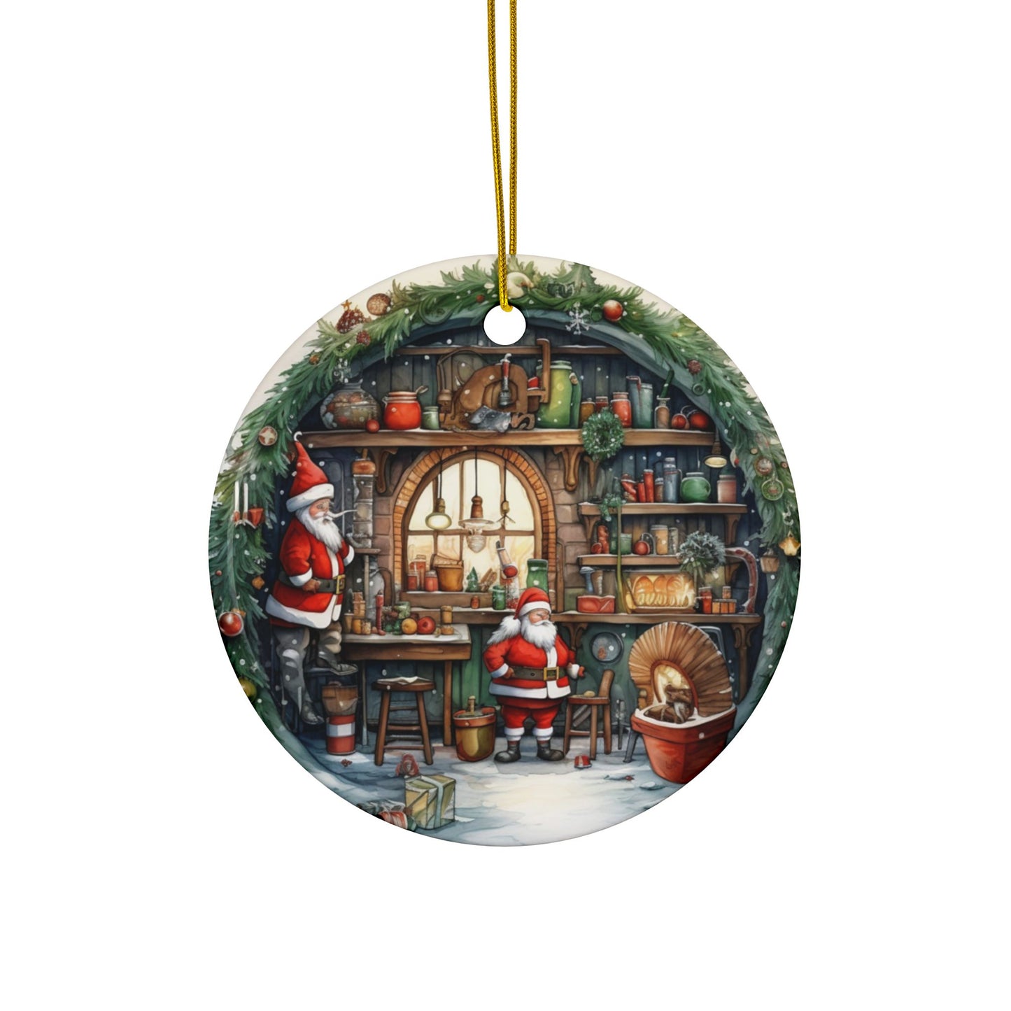 Charming Christmas Sublimation Ornament 4-Pack – Snowman, Santa’s Workshop, Cozy Cottage, and Reindeer Sleigh, Double-Sided MDF