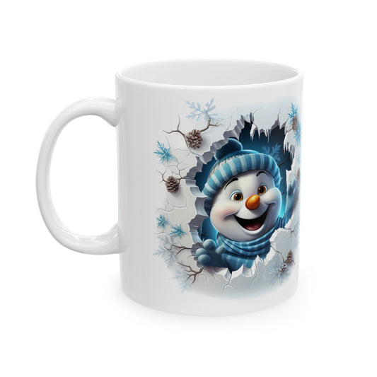 3D Snowman Mug – Sublimation Ceramic Design in 11oz and 15oz Sizes, Featuring a Playful Snowman Peeking Through a Frosty Scene, Perfect for Winter and Holiday Gifting