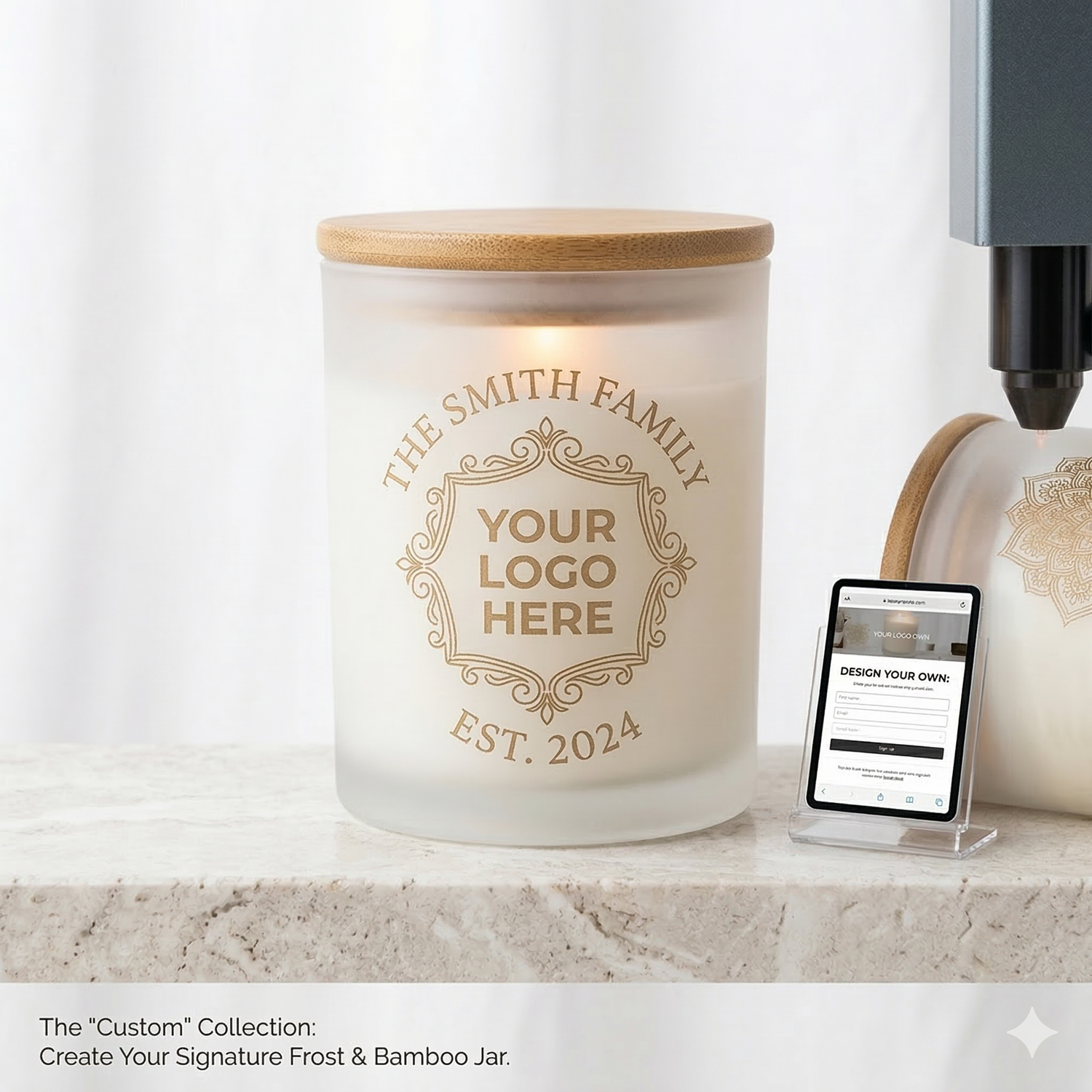 Custom candle jars with personalized designs and branding created by HV Homestead