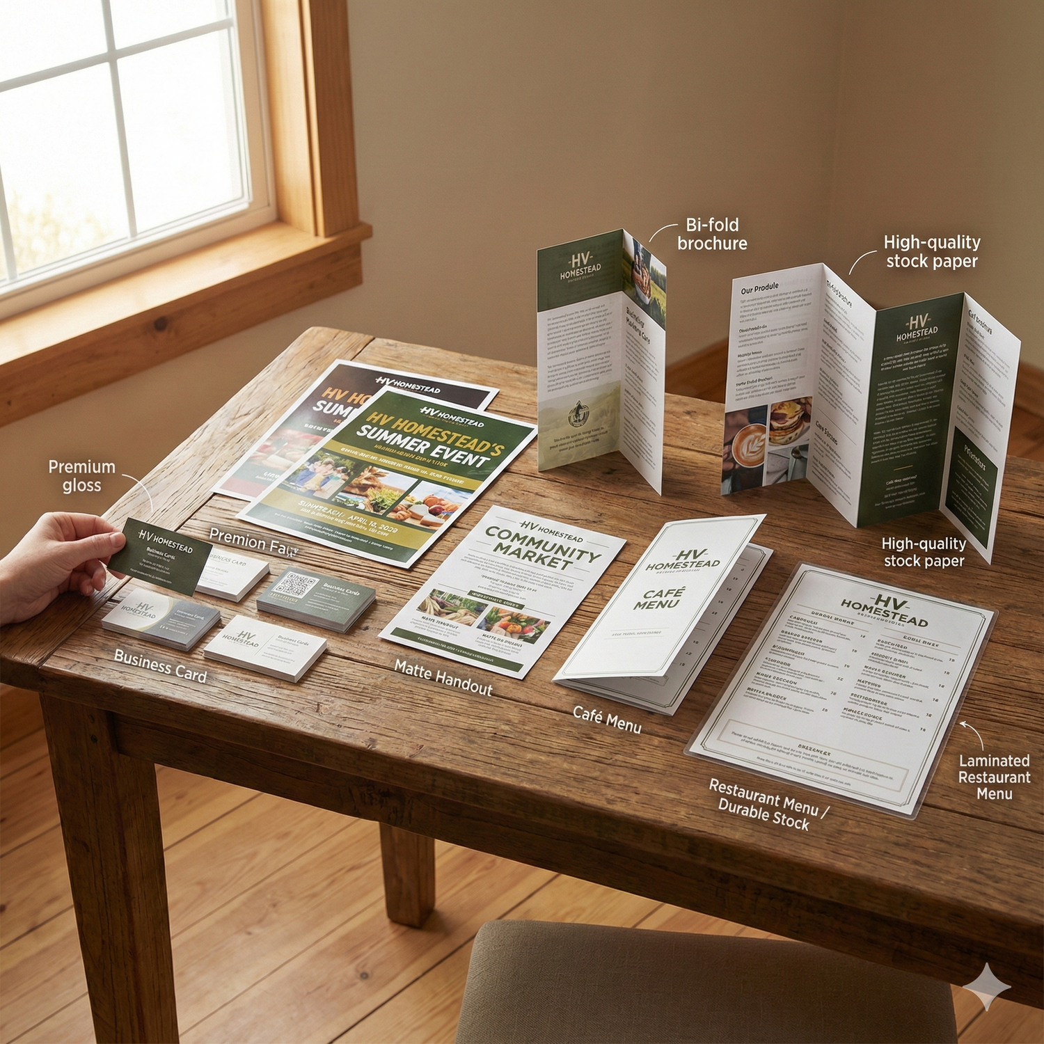 “Professional business cards, flyers, brochures, and menus printed by HV Homestead”