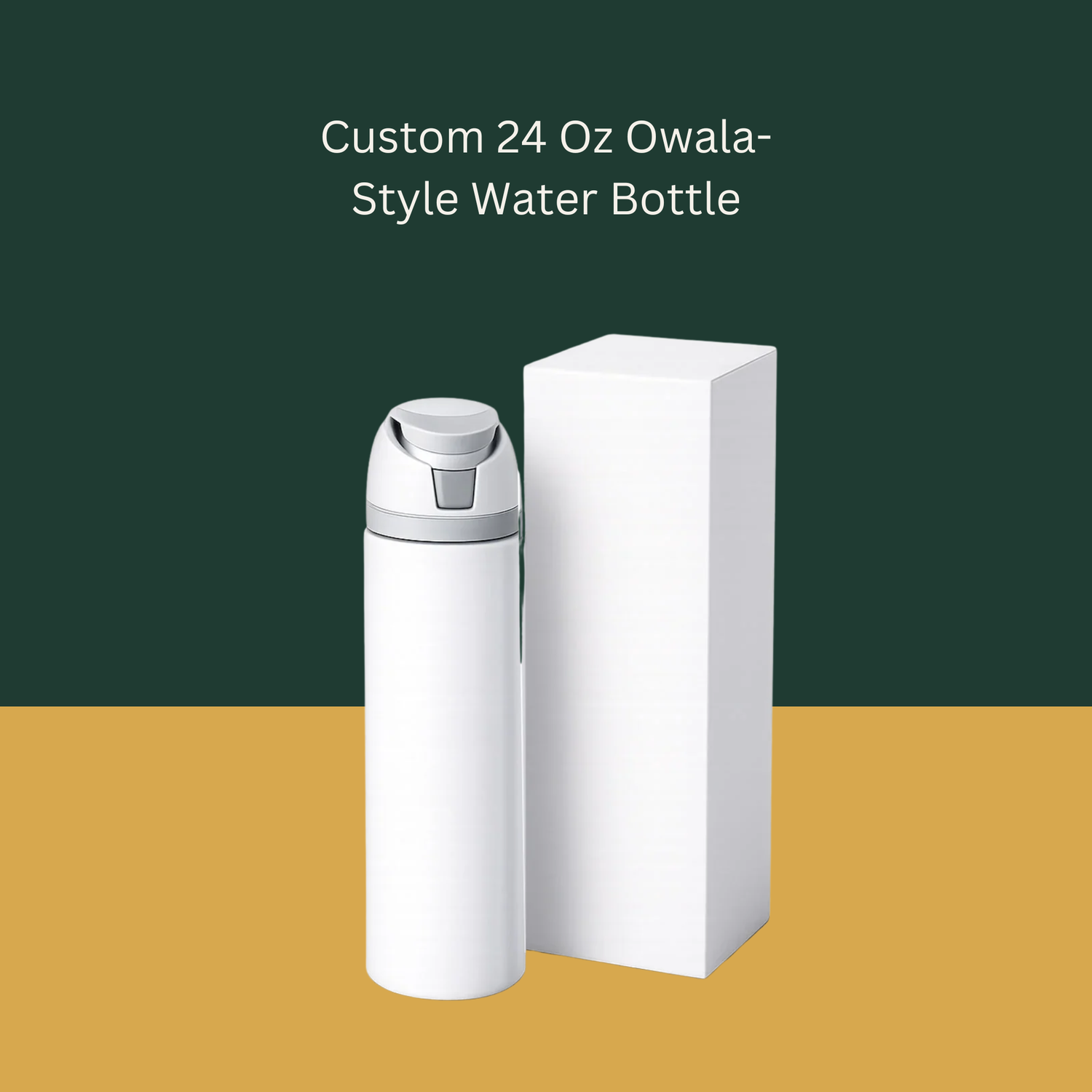 White water bottle and packaging on a green and brown gradient background with text 'Custom 24 Oz Owala-Style Water Bottle'.