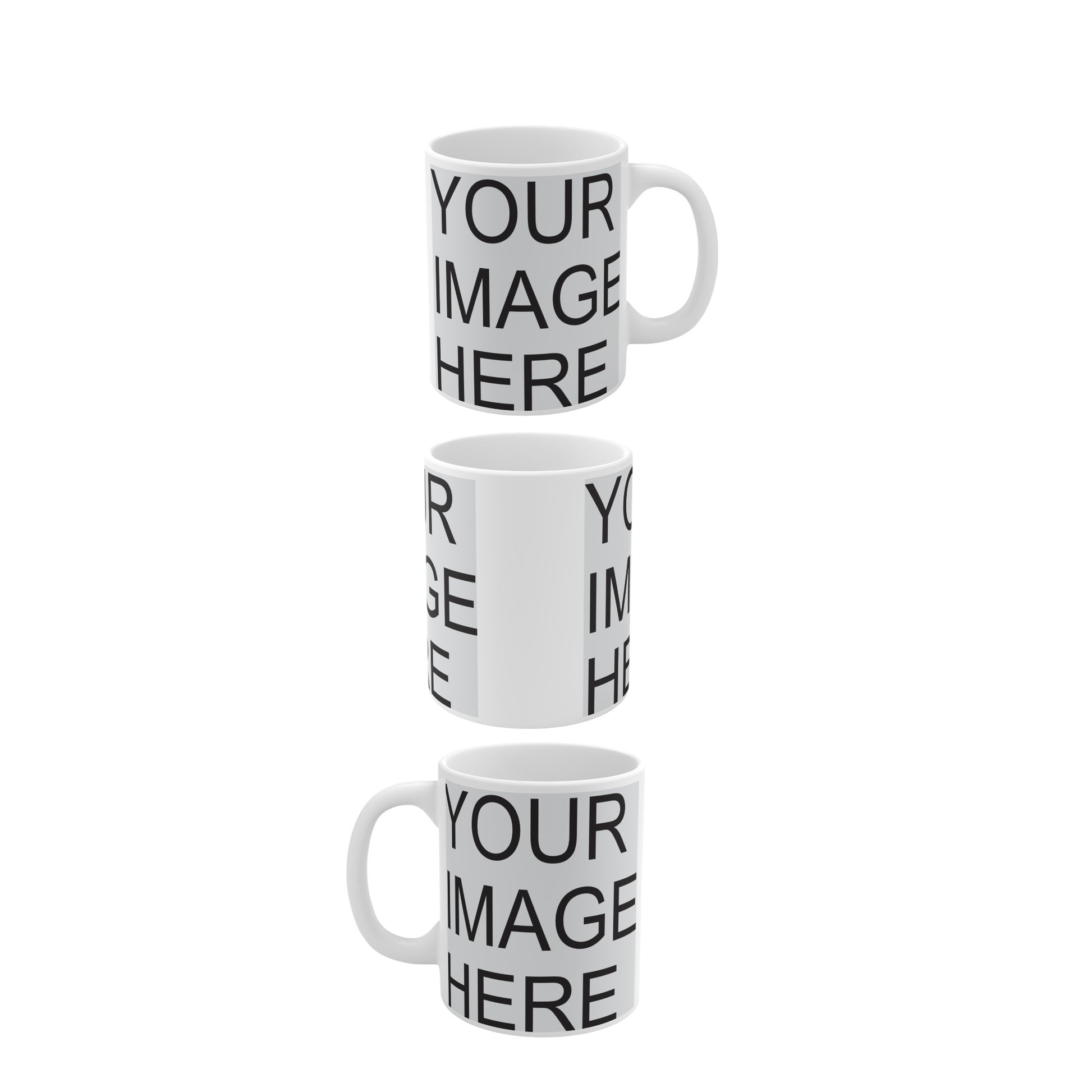 Customizable 11 oz ceramic mug showcasing a mockup with 'Your Image Here' text, ideal for sublimation printing. Perfect for personalized gifts, featuring a spacious design area for custom photos, logos, or text. High-quality ceramic mug for creative designs.