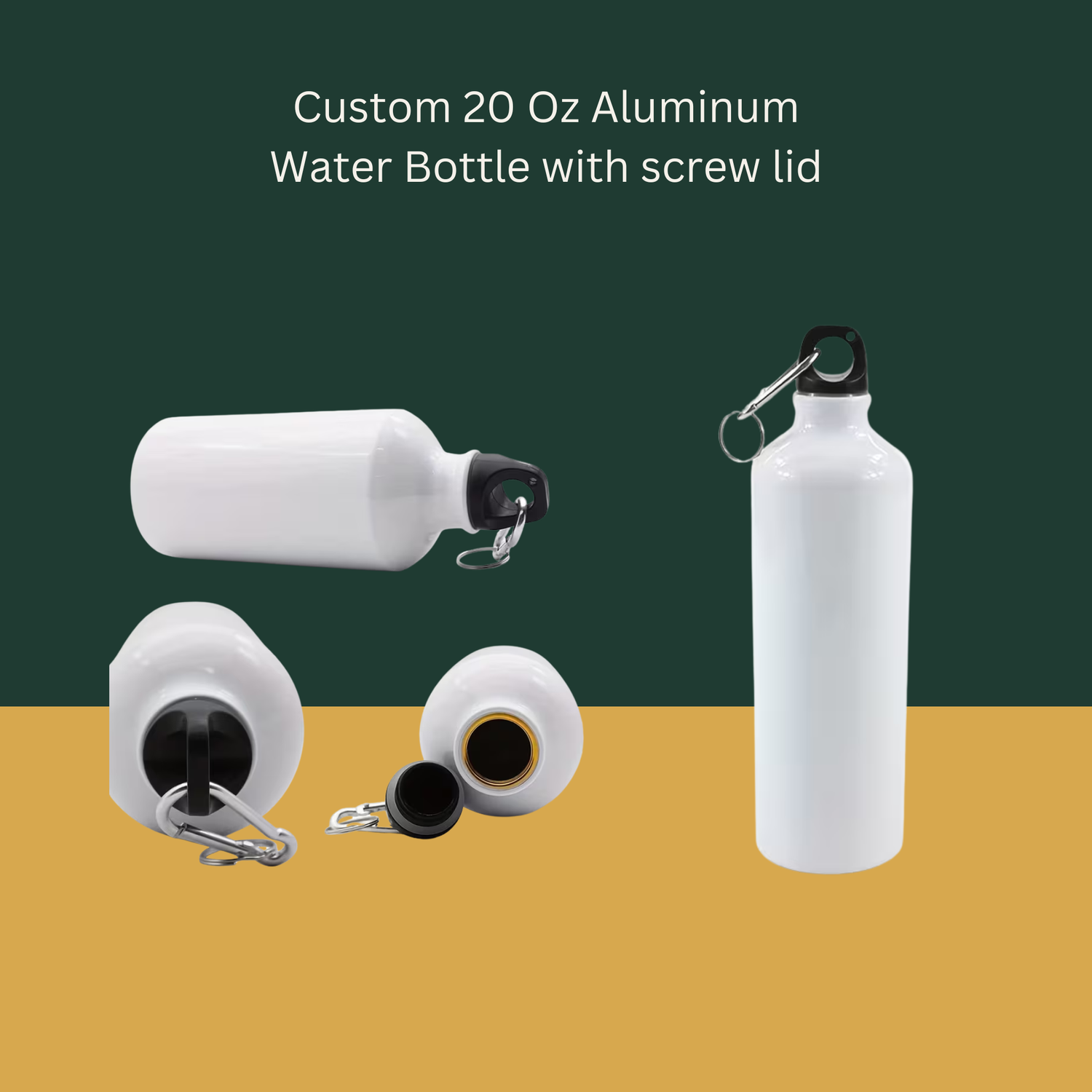 White aluminum water bottle with screw lid on a green and brown gradient background
