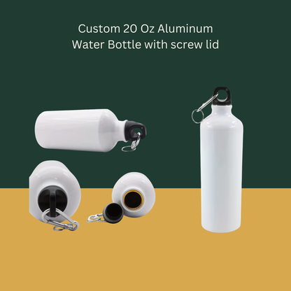 White aluminum water bottle with screw lid on a green and brown gradient background