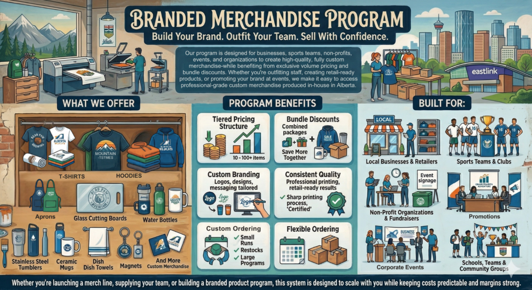 Branded Merchandise Program infographic with various products and benefits.