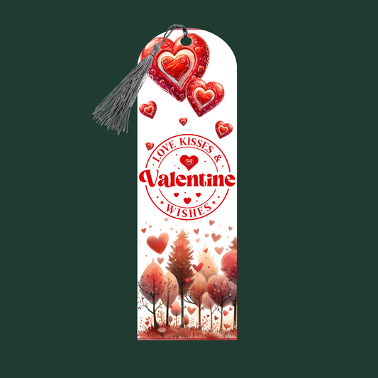 "Valentine’s bookmark printed on aluminum with hearts, romantic forest art, and the phrase ‘Love, Kisses & Valentine Wishes.’"